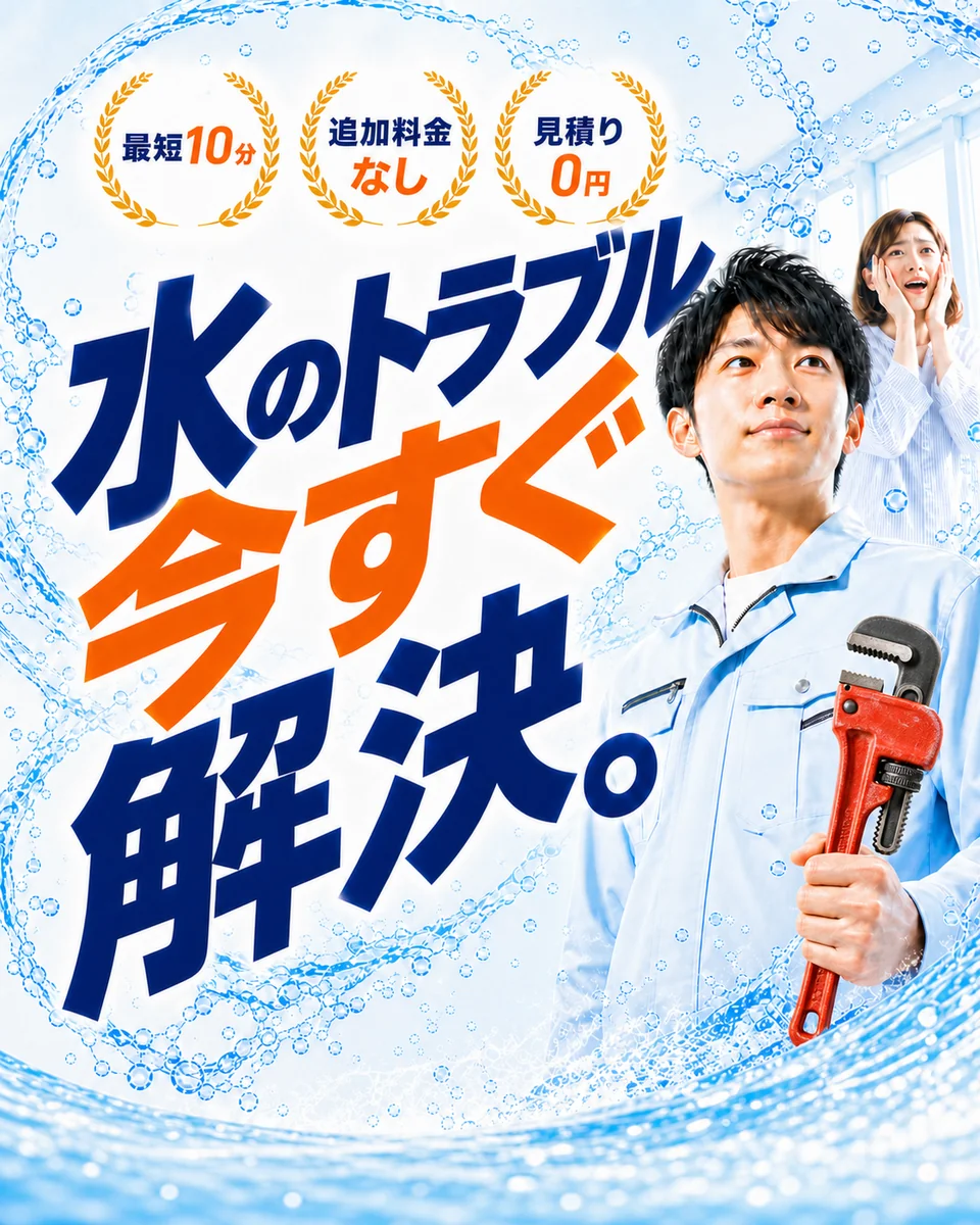水のトラブル今すぐ解決と、水しぶきの中で工具を持つ水道修理スタッフ